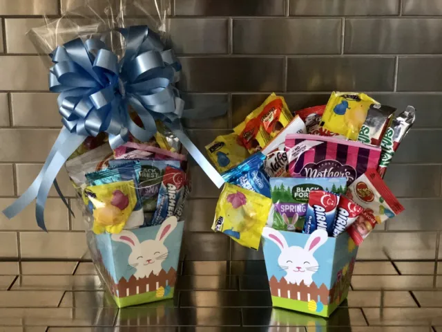 Easter Gift Box-Basket Filled With Candy, Cookies Goodies Wrapped Light Blue Bow