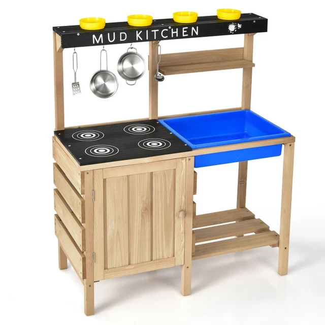 Wooden Outdoor Mud Kitchen Playset - Pretend Play Toy with Kitchenware for Kids