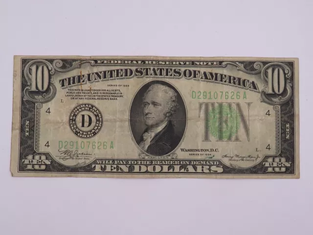 U.s. Federal Reserve 10 Dollar Green Seal Note Series Of 1934 ( D29107626 A ) *