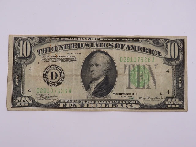 U.s. Federal Reserve 10 Dollar Green Seal Note Series Of 1934 ( D29107626 A )
