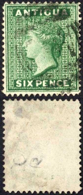 Antigua SG29 6d Deep Green Wmk Crown CA Perf 14 fine used Cat 120 pounds