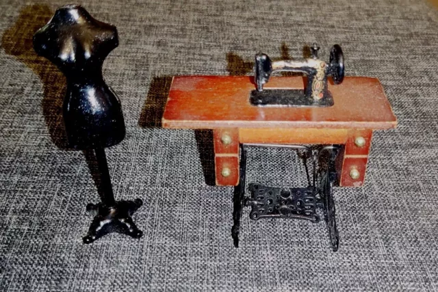 Vintage Dollhouse Miniature Table Sewing Machine & Dress Form Mannequin 1:12