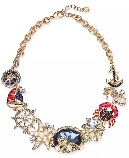 Charter Club Statement Necklace Gold Tone Under The Sea Crystal Faux Pearl New