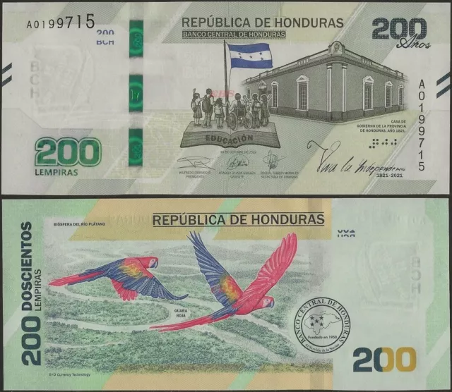 HONDURAS 200 LEMPIRAS B355 2021 UNC BANKNOTE 200th AnnivComm A Prefix@ EBS