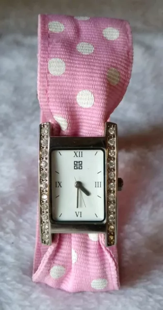 Womens Watch Givenchy Pink Silver Tone Polka Dots GOOD Condition Rhinestone