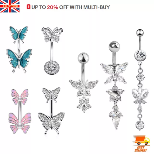 Surgical Steel Belly Bar Navel Button Ring Crystal Butterfly Body Piercing UK