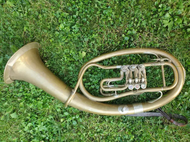 Nice old tenorhorn, rotary valves, the triggers are nicely inlayed w. MoP "WOLF"