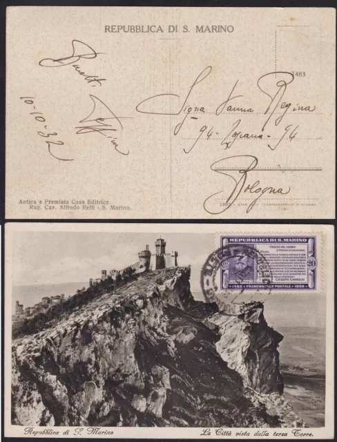 1932 San Marino, n . 169 on postcard for Bologna of 10.10.32