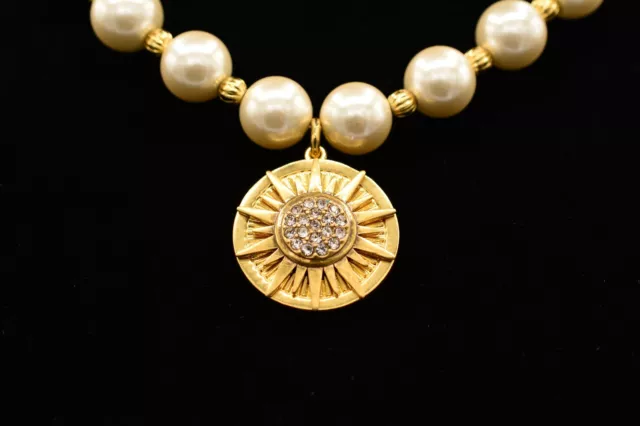 J.Crew Collar Necklace Sun Pendant Pearl Beaded Gold Rhinestone Signed Bin3B