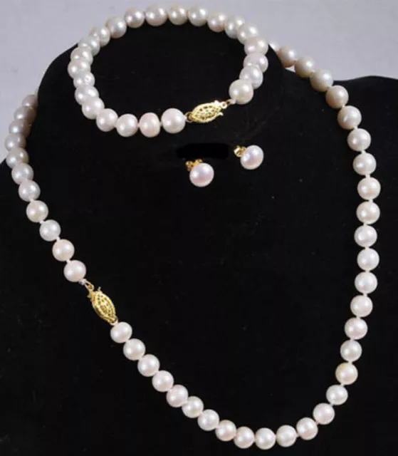 Authentic natural AAA8-9mm white Akoya pearl necklace bracelet earring set 18in