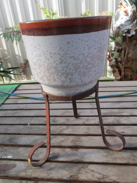 Vintage West German Pottery Plant Pot  inc  Metal Plant Stand