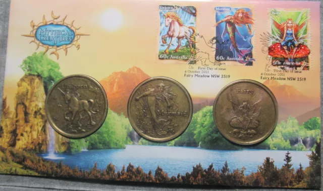 Australia 2011 Mythical Creatures Unicorn Mermaid Fairy PNC 3 * Medallion Medals