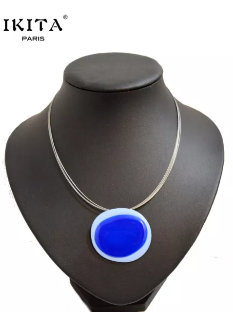 Collier IKITA Paris Kabel-Lkette Émail Métal Collier Ovale Pendentif Bleu