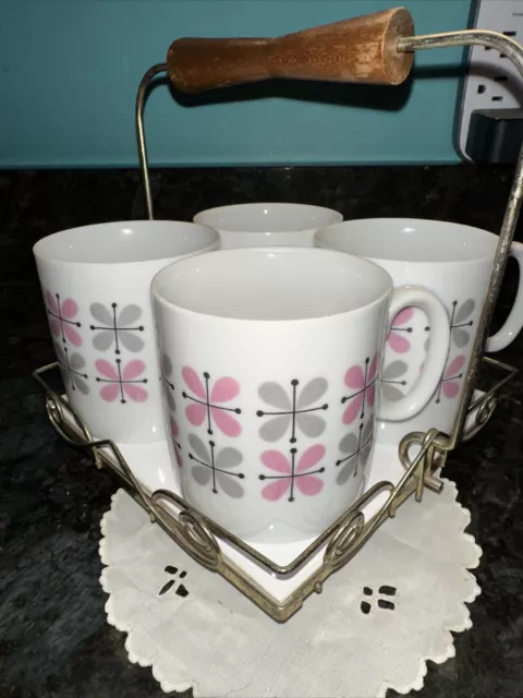 Rossini Ceramic Tea Coffee Set 5pc Lot MCM Tile Caddy 4 Mugs Pink Gray