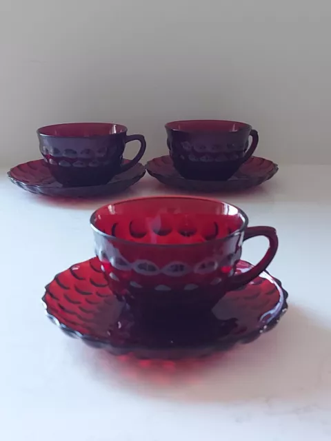 3x Royal Ruby Glass Teacup & Saucer Anchor Hocking Red Bubble Vintage Vgc