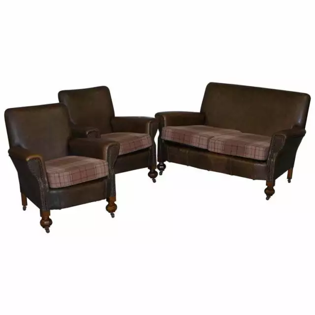 Edwardian Walnut Brown Leather Three Piece Sofa, Armchairs Suite Tartan Cushions