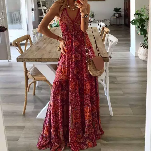 V-Neck Holiday Long Maxi Dress Boho Womens Printed Strappy Dress Sundress New