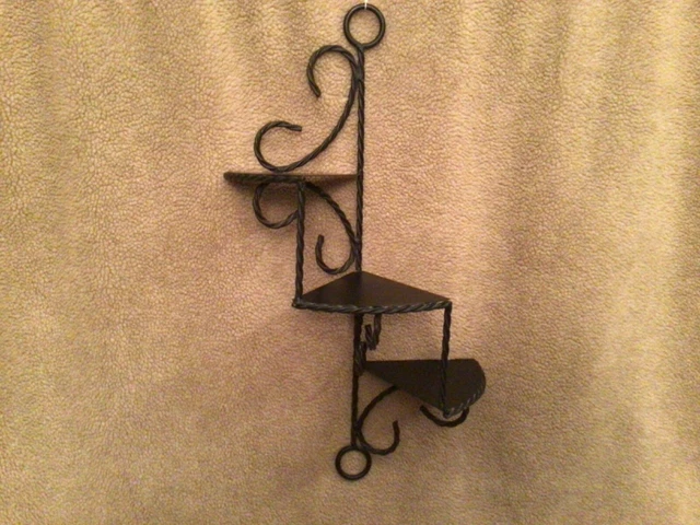 Vintage Black Wrought Iron 3 Tier Twisted Spiral Wall Shelf Display Home Office