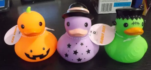 3 NEW Halloween Rubber Ducks purple Witch green Frankenstein orange pumpkin
