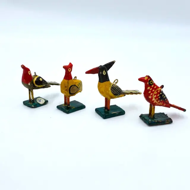 4 Vintage Wood Hand Carved & Painted Bird Figurine Ornaments Exotic Bird Figures