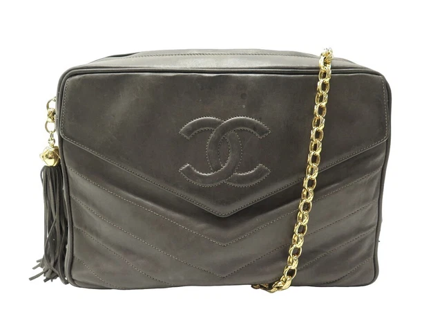 VINTAGE SAC A Main Chanel Camera Logo Cc Cuir Chevron Gris Hand