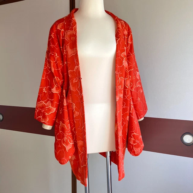 Haori Jacket Cardigan Outerwear Japanese Kimono Gold-red Flower pattern