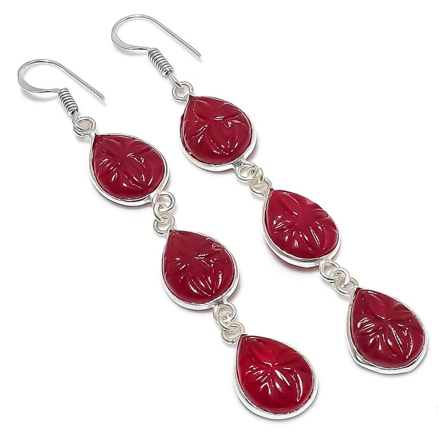 Red Jade Ethnic 925 Sterling Silver Jewelry Earring 3.15"