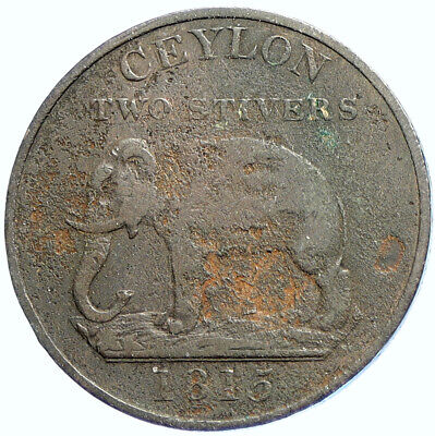 1815 CEYLON now SRI LANKA UK King George III Old 2 Stivers Coin ELEPHANT i113250
