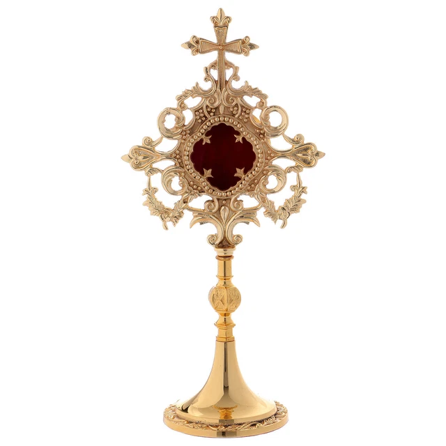 Reliquiario croce e intarsi ottone dorato 32 cm