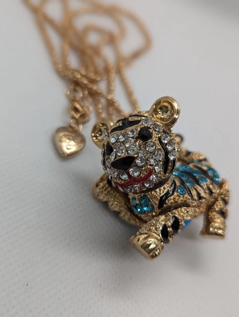 Betsey Johnson Bling Blue 3D Crystal And Enamel Tiger Pendant Necklace-Moveable