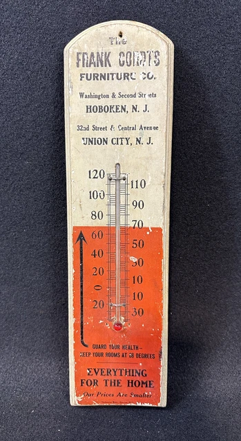 Vtg 30s Frank Cordts Furniture Hoboken Union City NJ Wood Thermometer 15” Sign