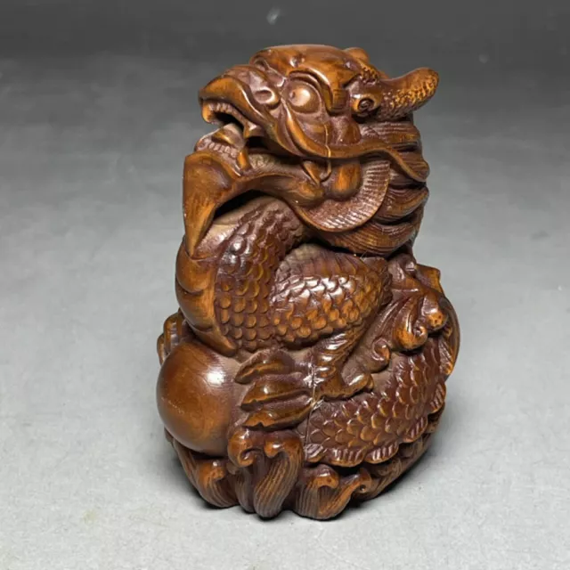 Chinese Handmade Natural Boxwood, Handcarved Exquisite Dragon Statue Gift
