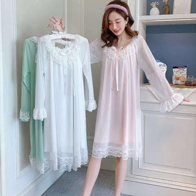 Women Lolita Nightdress Ruffle Lace Mesh Princess Sleepwear Retro Nightgown