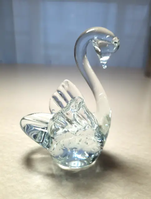 Art Glass Swan Paperweight Small Figurine Controlled Bubbles Clear 4 Inches Tall
