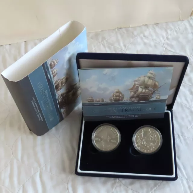 2005 NELSON & TRAFALGAR 2 x SILVER PROOF £5 CROWNS - boxed/coa/slip