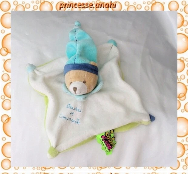 Doudou Peluche Plat Carré Ours Tatoo Blanc Bleu Vert Doudou Et Compagnie