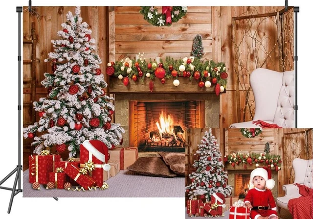 7X5FT CHRISTMAS FIREPLACE Backdrop with Tree and Gifts – Rustic Winter ...