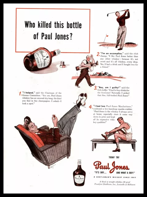 1940 Golfers "Who Killed This Bottle Of Paul Jones Whiskey?" Vintage Print Ad