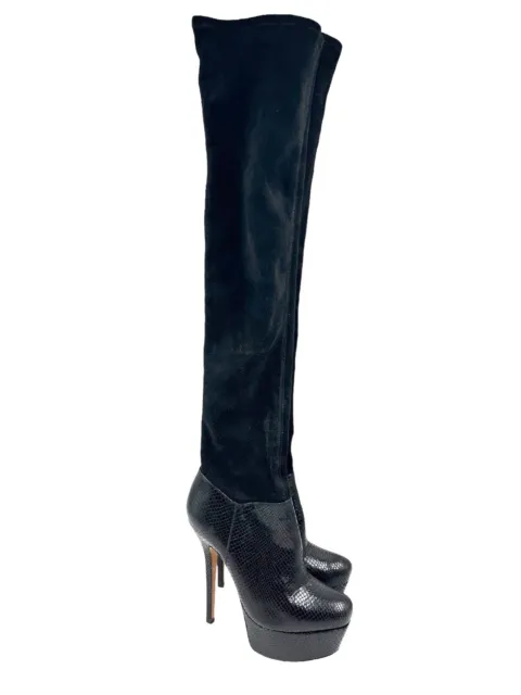 $595 Alice + Olivia Size 39.5 Black Suede Snake Embossed Luke OTK Platform Boots