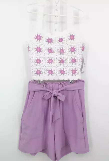 KNIT WORKS 2 PIECE SHORT SET Girls Small 7-8 Crotchet Top Crepon Belted Shorts