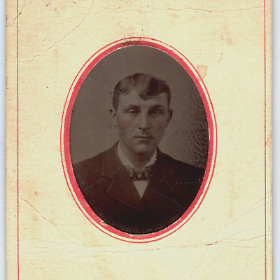 c1860s Tired Young Man Paper Frame Tintype Photo Crazing Tint Cheek Oval H8