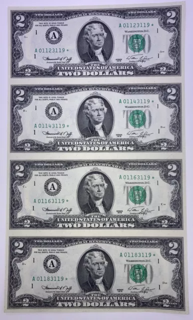 1976 *Star* Notes ($2) Two Dollar Distrist (A) Boston Uncut Sheet Of Four Notes