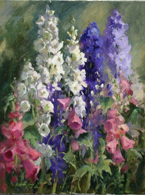 Linda Glover Gooch Romantic Gardens Foxgloves Oil Painting on Linen 18x14