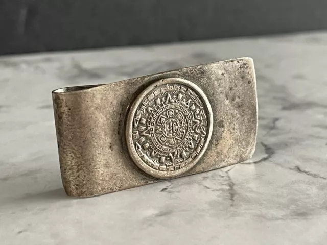 Vintage 925 Sterling Silver Mexican Mayan Calendar Sun Aztec Money Clip