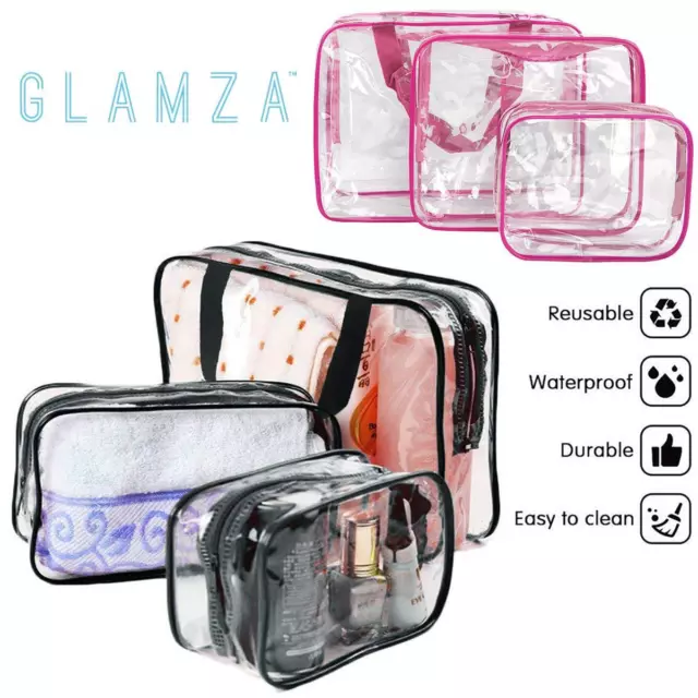 3 Piece Waterproof Travel Bag Set Transparent Makeup Toiletry Clear Wash Pouch