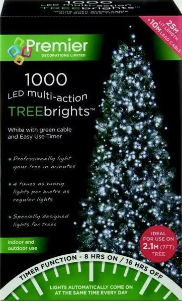 Premier 1000 LED Multi-Action TreeBrights Christmas Tree Lights with Timer WHITE