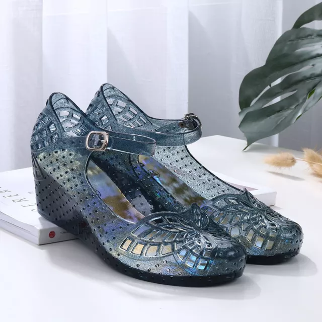 Ladies Slip On Crystal wedge Jelly Shoes Womens Summer Beach Sandals Hollow Out