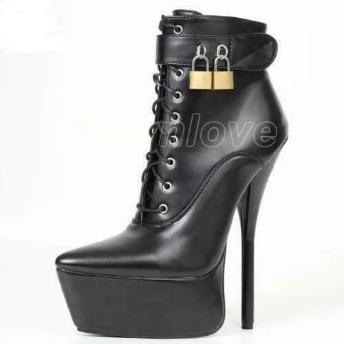 Womens Fashion Pointy Toe Lace Up Lock Ankle Boots Stiletto Party High Heels