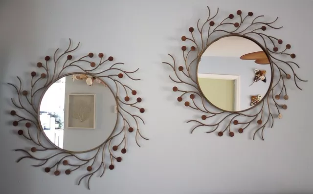 Mirror Art Pair Of Sunburst Mirrors Wall-Art Metal Copper Brass 23"X 20.5" Decor