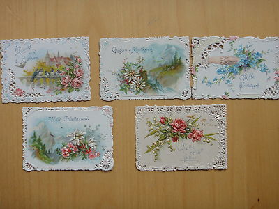 1905 circa-CINQUE CARTONCINI DIVERSI DI AUGURI A COLORI IN RILIEVO SMERLATI 